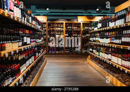 Liquor store background. Alcohol retail industry. Wine bottles on shelves in wine shop. Stock Photo