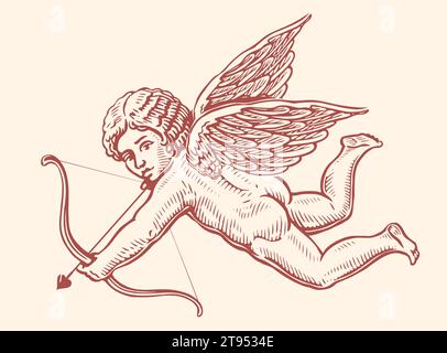 Flying Angel, symbol of love and Valentine's Day. Cupid shoots an arrow from bow. Vintage sketch vector illustration Stock Vector