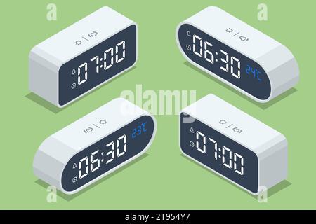 Isometric digital alarm clock with green digits. 7 am at the digital alarm clock Stock Vector
