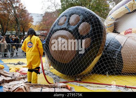 New York, United States. 22nd Nov, 2023. Workers prepare partially inflated balloons on the eve of the 97th Macy's Thanksgiving Day Parade in New York City on Wednesday, November 22, 2023. The parade started in 1924, tying it for the second-oldest Thanksgiving parade in the United States with America's Thanksgiving Parade in Detroit. Photo by John Angelillo/UPI Credit: UPI/Alamy Live News Stock Photo