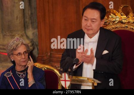 The Duchess of Gloucester listens to a translation as the President of South Korea Yoon Suk Yeol speaks during the banquet in the Great Hall at the Guildhall, City of London, on day two of the South Korean President's state visit to the UK. Picture date: Wednesday November 22, 2023. Stock Photo