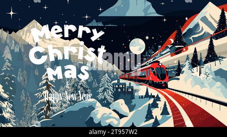 Merry Christmas and Happy New Year party greeting card with modern train. Polar express bring gifts in abstract landscape. Xmas traditional holiday eve horizontal banner. Winter celebration postcard Stock Vector