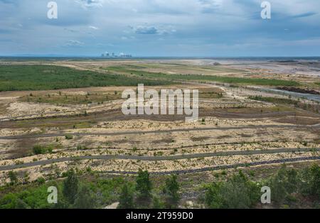 brown coal surface mining Nochten of LEAG, brown coal power station in the background, Germany, Saxony, Niederlausitz, Boxberg Stock Photo