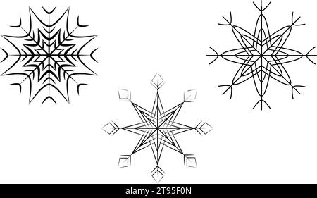 Set of 3 patterned snowflakes. Lineal design element for Christmas or New Year greeting and cards. Hello winter. Christmastime. Vector for icon, sticker, poster, promo or web and other different uses  Stock Vector