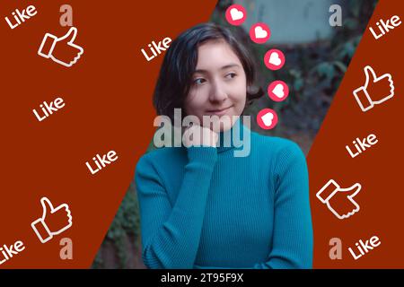 Creative photo, collage illustration of a young girl thinking about getting likes, for social networks. Stock Photo