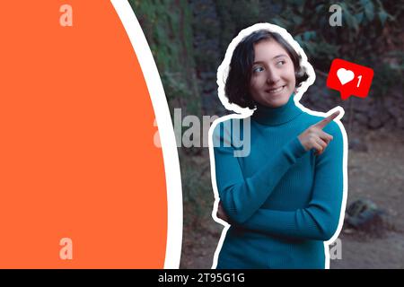 Creative photo, collage illustration of a young girl, she is happy because she gets likes, for social networks. drawing background with color, has fre Stock Photo