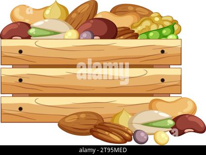 Colorful cartoon illustration of assorted nuts in a wooden crate Stock Vector