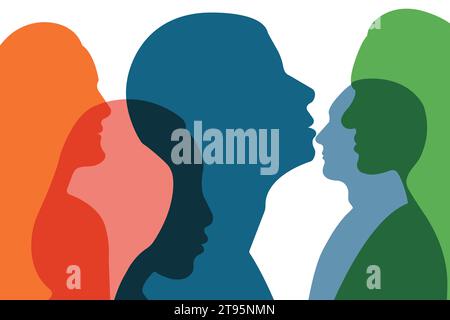 Silhouette of a group of men and women of diverse culture in profile. Concept of racial equality and anti-racism. Multicultural society. Vector Stock Vector