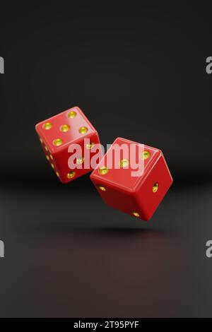 Two red dice with gold dots floating on black background. 3d illustration. Stock Photo