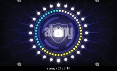 Cyber security concept. Shield with padlock on the screen. Modern safety digital background. Protection system. Perfect to use for Technology Company. Stock Vector