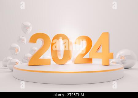 2024 New Year on Podium Product display with golden curve decoration and metallic balloon. 3D rendering. Stock Photo