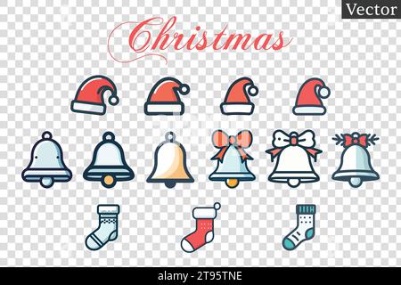 Christmas Design Vector Elements, Ring bell, Santa hat, socks Stock Vector
