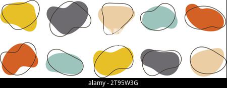 Abstract organic shapes collection. Irregular liquid forms set. Cute amoeba blobs, blotches, drops or stains bundle. Different design templates for label, sticker, banner, presentation, flyer. Vector Stock Vector
