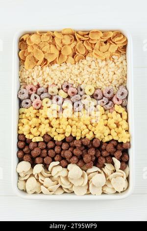Various Breakfast Cereal in a Tray, Top View Stock Photo
