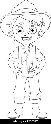 A young cowboy wearing country farmer clothes with a happy cartoon character outline for coloring pages Stock Vector