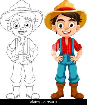 A cheerful boy wearing farmer overalls in a cartoon illustration Stock ...