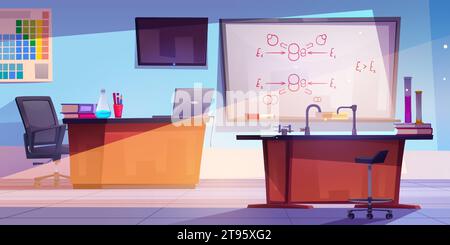 Chemistry classroom interior with equipment. Vector cartoon illustration of school lab with laptop and books on desk, formula written on board, glassware with color liquids, tv on wall, education Stock Vector