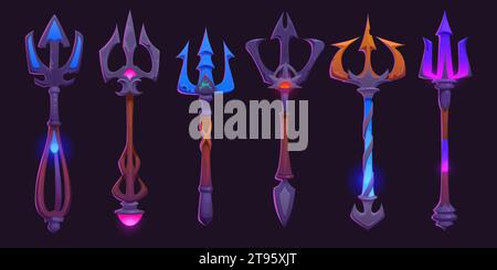 Magic trident staffs set isolated on black background. Vector cartoon illustration of wooden stick with iron, gold weapon tip decorated with neon blue, pink gemstones, wizard tool, ancient instrument Stock Vector