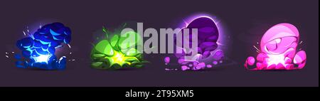 Cartoon explosion effect - game ui magic comic colorful explosive boom with fire, smoke and sparkles. Cartoon vector illustration set of energy of bomb or dynamite blast clouds with light beams. Stock Vector