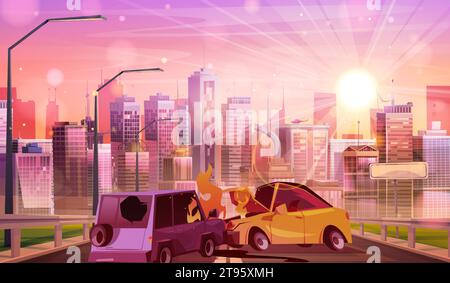 Car accident on highway against cityscape background. Vector cartoon illustration of two crashed autos on road after collision, fire and smoke under damaged hood, broken glass, vehicle insurance Stock Vector
