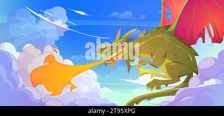 Fantasy dragon breathing with fire in blue sky. Vector cartoon illustration of magic fairytale animal with wings and claws attacking with mouth flame, medieval adventure game character, reptile mascot Stock Vector