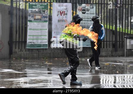 Bogota, Colombia. 21st Nov, 2023. Demonstrators take part in clashes at Colombia's National University in Bogota, during the 4th anniversary of the 21N Protests, on November 21, 2023. Photo by: Cristian Bayona/Long Visual Press Credit: Long Visual Press/Alamy Live News Stock Photo