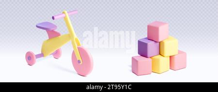 3D tricycle and stack of color cubes isolated on transparent background. Vector realistic illustration of cute toy transport for kids, construction blocks, gift for child, playground design elements Stock Vector