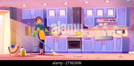 https://l450v.alamy.com/450v/2t9630w/housewife-cleaning-messy-kitchen-vector-cartoon-illustration-of-smiling-woman-with-broom-and-sponge-bucket-and-bottle-of-detergent-garbage-on-dirty-floor-broken-oven-glass-housekeeping-work-2t9630w.jpg