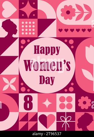 8 march modern neo geometric poster. International womens day. Abstract background with simple icons in bauhaus minimalist style. Vector illustration Stock Vector