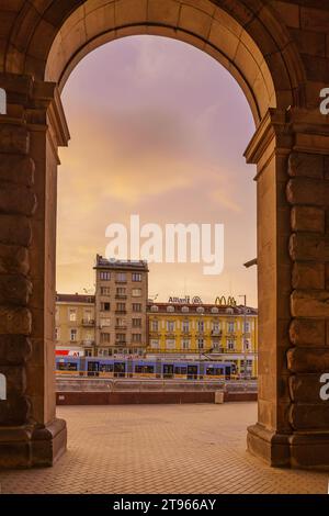 Sofia, Bulgaria - October 09, 2023: Sunset view of various old buildings, with a tram, in Sofia, Bulgaria Stock Photo