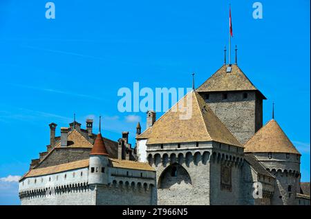 Ensemble of towers in the Chateau de Chillon, Chillon Castle on Lake Geneva near Montreux, Vaud, Switzerland Stock Photo