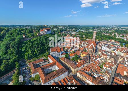 Aerial view to Landshut, the district capital of Lower Bavaria, well known for the landshut wedding Stock Photo