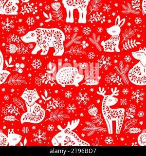 Vector seamless pattern. White ornate silhouettes of forest animals deer, bear, elk, fox, hare, squirrel, hedgehog among flowers on a red background Stock Vector
