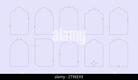 Minimal linear style Islamic windows and arches decorated by stars, sparkles. Y2k style frame set on light background. Stock Vector