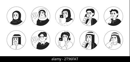 Arab turkish adults black and white 2D vector avatars illustration bundle Stock Vector