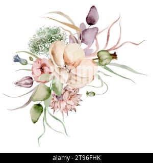 Wildflowers watercolor bouquet. Hand-drawn floral illustration of dried plants and herbs on an isolated background. Stock Photo