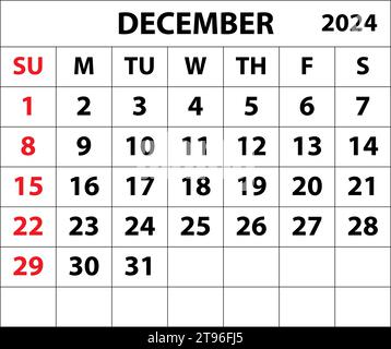 2024 December month calendar Color vector illustrator calendar design. simple minimal calendar. vector illustration. monthly calendar Design 2024. Stock Vector