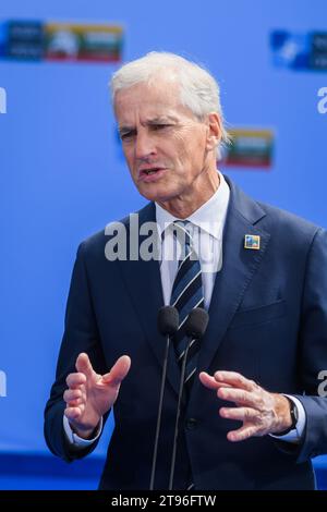 VILNIUS, LITHUANIA. 11th July 2023. Jonas Gahr Støre, Prime Minister of Norway during doorstep at NATO SUMMIT 2023. Vilnius, Lithuania. Stock Photo