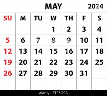 2024 May month calendar Color vector illustrator calendar design. Stock Vector