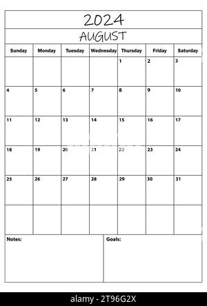 2024 August planner. calendar planner. simple minimal calendar. vector illustration. Daily Planner Design 2024. Life and Business Planner Organizer Stock Vector