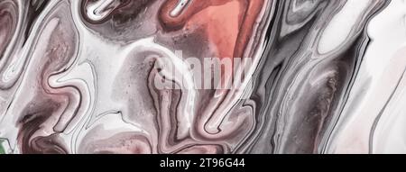 Abstract fluid art background gray and white colors. Liquid marble. Acrylic painting on canvas with red lines and gradient. Alcohol ink backdrop with Stock Photo