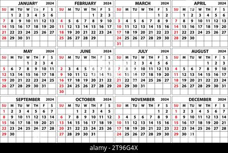 2024 calendar set. Color vector pocket calendar design. The week starts on Sunday. January, February, March, April, May, June, July, August, September Stock Vector