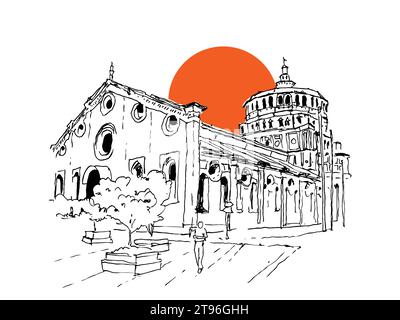 Vector hand drawn sketch illustration of Santa Maria delle Grazie, Holy Mary of Grace Church and Dominican convent in Milan, Italy Stock Vector