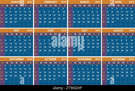 2024 calendar set. Color vector pocket calendar design. The week starts on Sunday. January, February, March, April, May, June, July, August, September Stock Vector
