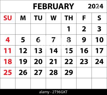 2024 February month calendar Color vector illustrator calendar design. Stock Vector