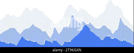 Blue halftone mountain landscape with dot pattern. Background with three rows of gradient rocks. Screentone vector illustration in pop art style Stock Vector
