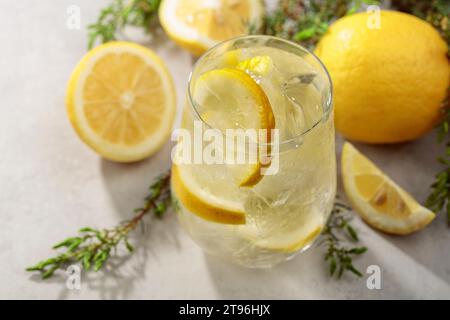 Cocktail Gin-tonic with ice, lemon, and juniper branches on a white stone table. Cold refreshing drink with natural ice in a misted glass. Stock Photo