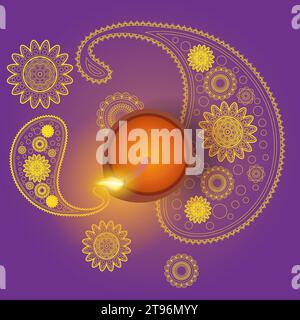 Luxury paisley pattern with oil diya . Decorative ornament in ethnic oriental style. Diwali celebration. Festival of lights Stock Vector