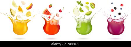 Set of mixed fruits and berries falling into colourful splashes of juice isolated on white background. Stock Photo