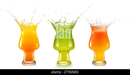 Set of glasses full of overflowing colourful fruit juice. Splashing healthy  beverages isolated on white background. Stock Photo